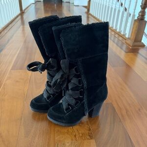 Nine West Black Suede Lace-Up Block Heel Mid-Calf Boots